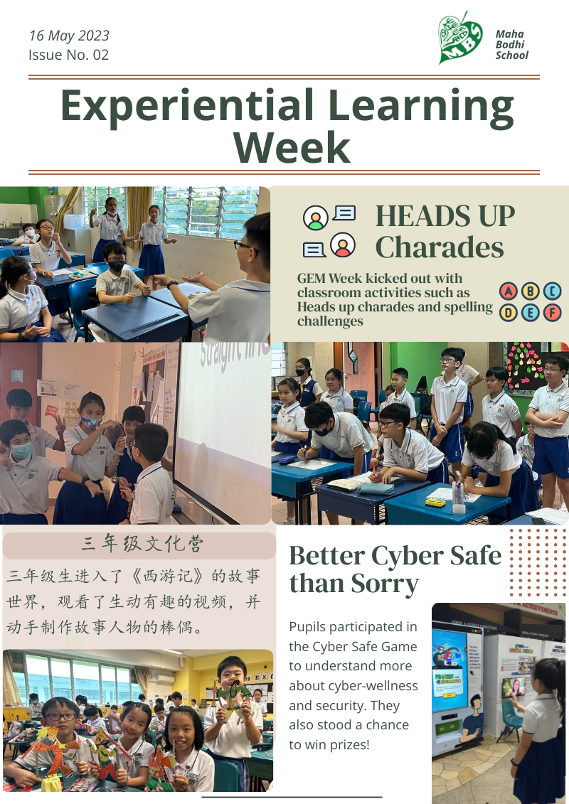 Maha Bodhi School newsletter for Experiential Learning Week showing students doing charades and cyber safety activities.